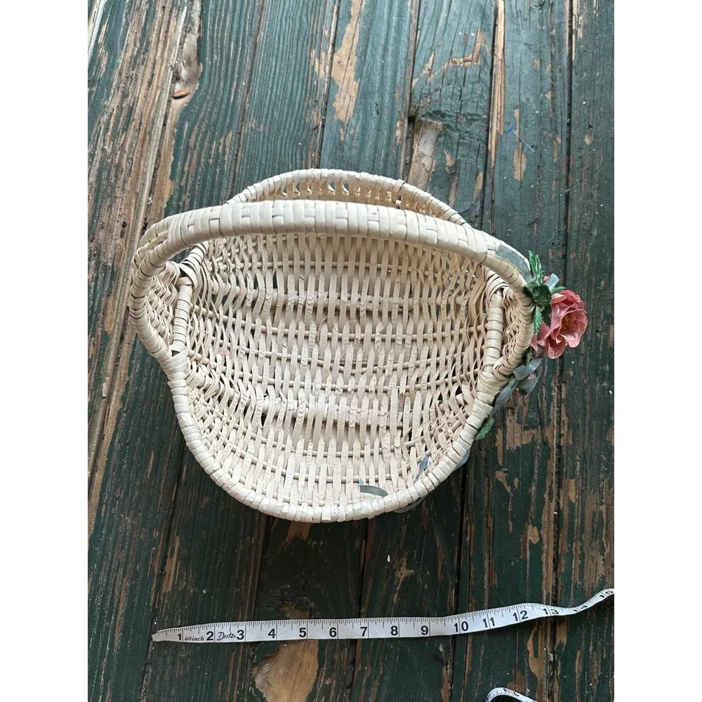 Vintage Woven Wicker Flower Girl Basket Off White with Pink Roses and Ribbon